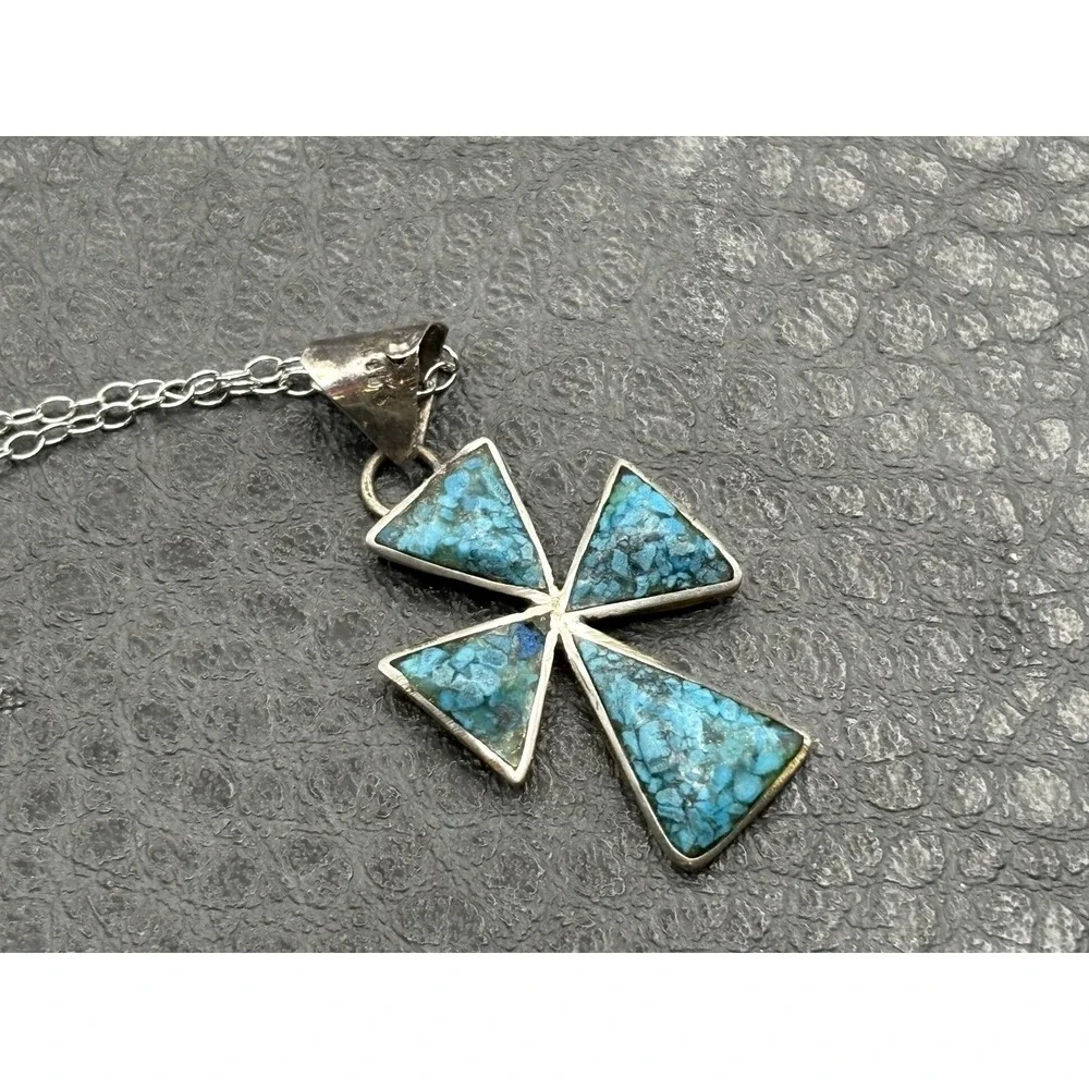 Vintage Sterling Silver Mexico Turquoise Inlay Cross Pendant 15